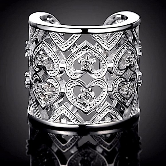 Boho Sterling Silver Wide Band Zirconia Heart Cuff Ring